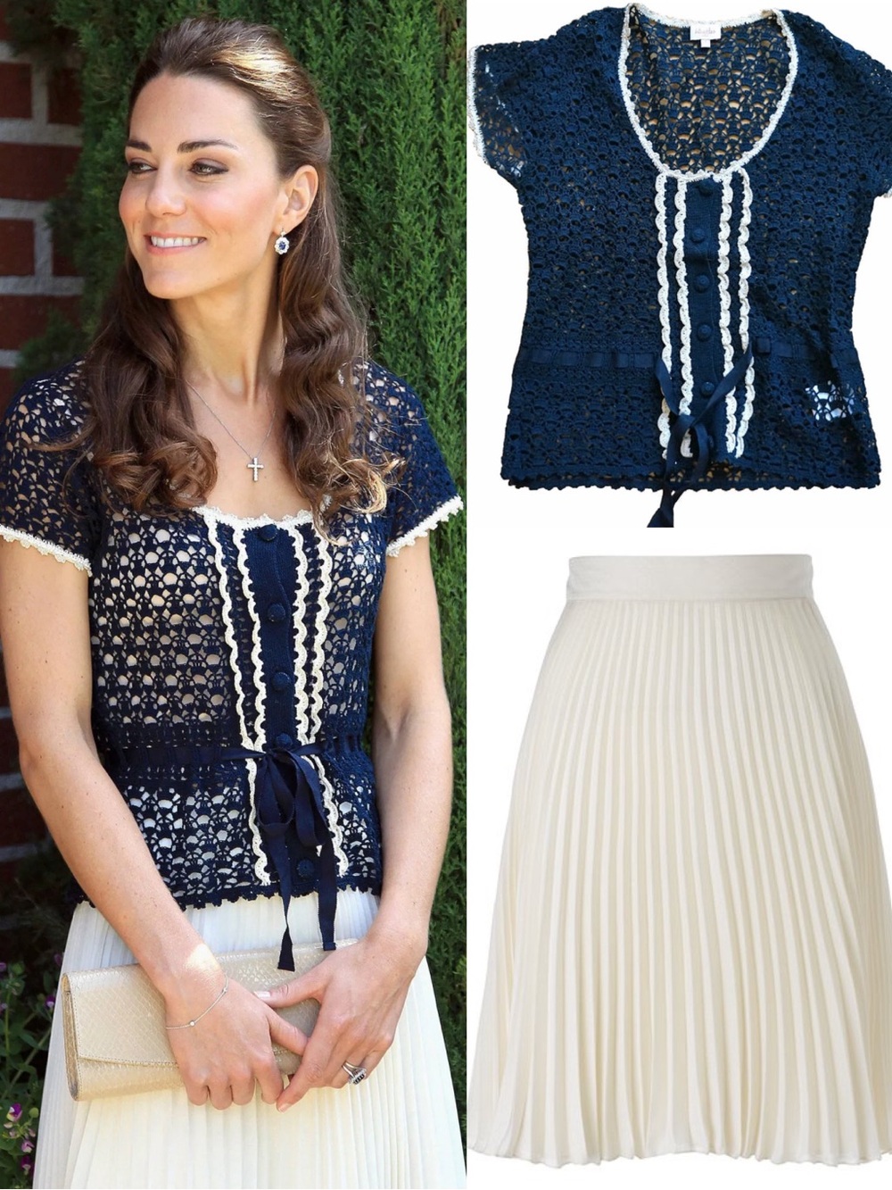 Whistles Crochet Knit Top in Navy & Ivory Pleated skirt- ASO Kate Middleton -M\L
